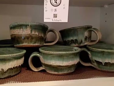  Signed Douglas Handmade Turquoise/Cream Stoneware Cups, Set of 4-6 The Peterson Exchange 