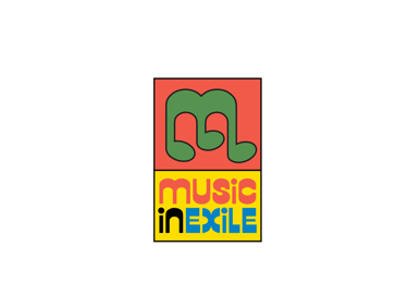 A square with a green 'M' against a red backdrop and 'Music in Exile' in red, black n blue beneath