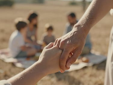 A vertical detail shot of hands gently holding each other, with a soft-focus background of a family picnic under warm sunlight in a rustic field, Spain / Southern Europe. Nostalgic and intimate atmosphere with earthy sand tones.