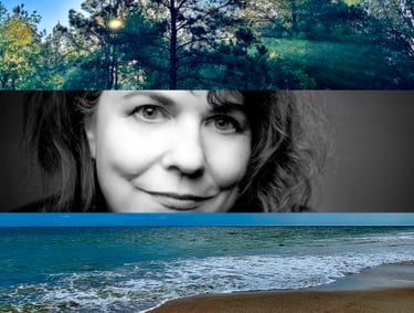 a woman with a dog on the beach