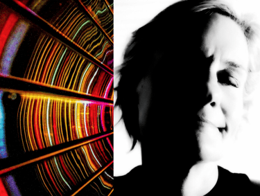 a woman with a camera and a photo of a man