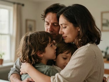 An intimate, warm-toned close-up of a family group hug in a North American home. The lighting is soft and natural, coming from a nearby window. The mood is authentic and emotional, focusing on the connection between parents and children. Background elements are in soft sand colors.