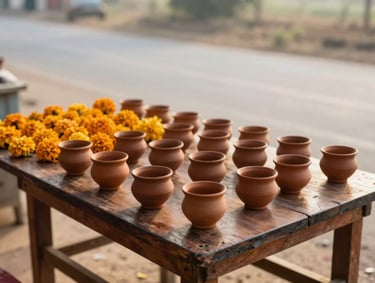 A quiet roadside tea stall in India, clay chai cups resting on a wooden table, soft morning light