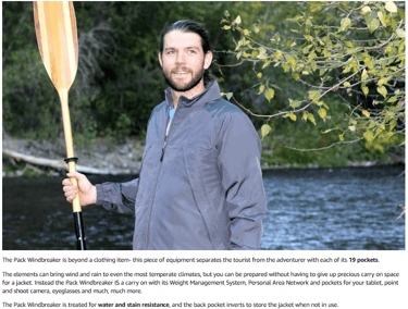 man wearing lightweight water repellent windbreaker with 19 pockets to protect you from the weather