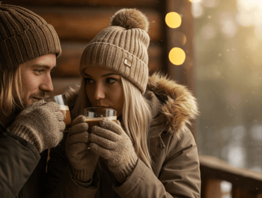 a man and woman drinking coffee in a cabin