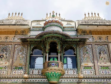 Peacock-themed intricate glass and tile designs at Mor Chowk, Udaipur City Palace Rajasthan.