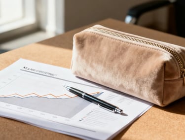 A high-end custom cosmetic pouch placed on a desk next to a business report.