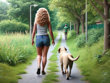 Hannah beim Spatziergang mit ihrem Hund Max