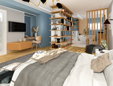 a bedroom with a bed, a couch, and a television