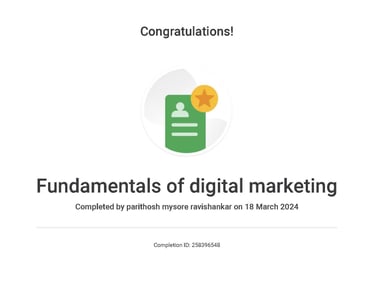 Parithosh Mysore Ravishankar's google fundamentals of digital marketing certificate