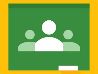 Displays the image of google classroom using a whiteboard and several images suggesting people