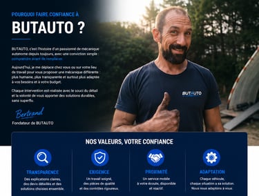 Bertrand, founder of BUTAUTO mobile mechanic service, giving a thumbs up next to company values.