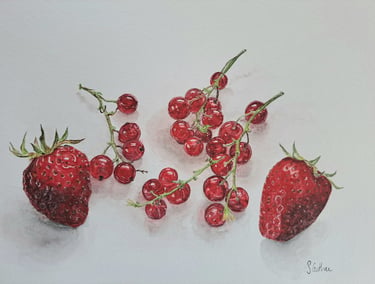 Strawberries and red currants in watercolour