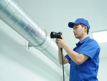 A professional technician in a clean uniform using a high-definition camera probe inside a bright metallic HVAC duct