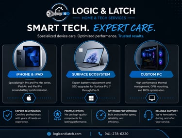 iPhone, Surface, and Custom PC hardware specialization banner.