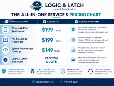 Unified pricing for iPhone, iPad, Surface, and PC tech services.