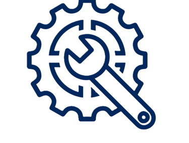 Dark blue line icon of a mechanical gear and wrench representing technical settings and repair services.