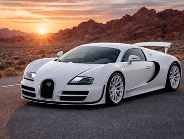 Bugatti Veyron Super Sport branco em estrada no deserto ao pôr do sol