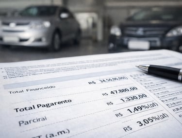 Contrato de financiamento de veículo com valores e taxas destacados sobre mesa, com carros desfocado
