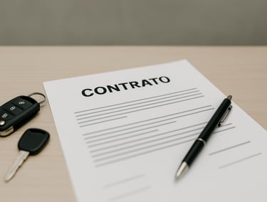Contrato de compra de veículo sobre a mesa com caneta e chave de carro ao lado