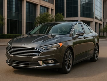 Ford Fusion 2018 cinza metálico estacionado em área urbana moderna, com frente e lateral em destaque
