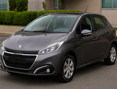 Peugeot 208 1.6 prata em ambiente urbano, visto de frente em ângulo 3/4, com design moderno e elegan