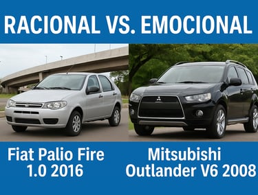 Comparativo entre Fiat Palio Fire 1.0 2016 e Mitsubishi Outlander V6 2008, representando uma compra