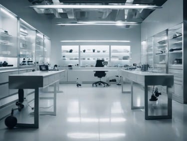 a lab with a lot of glass and a desk