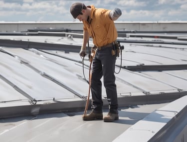 A person wearing a red helmet is suspended on ropes, cleaning or inspecting the glass windows of a modern high-rise building. The building features a grid of reflective blue glass panels, and the sunlight creates intricate patterns and shadows on the surface.