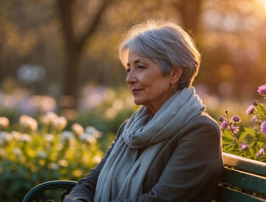 Middle-aged woman with gray-streaked hair sitting on a park bench surrounded by blooming flowers 