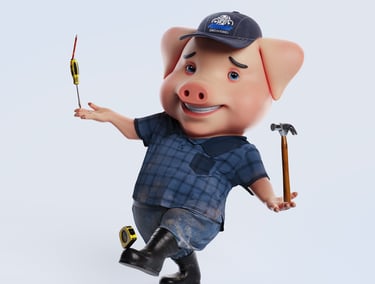 personagem cartoon, porco que trabalha numa ferragem, desastrado, 3D render, posição natural