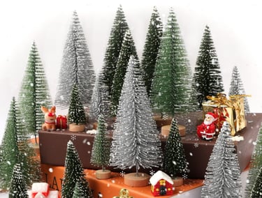 fake mini pine trees in varying color for Christmas Decor