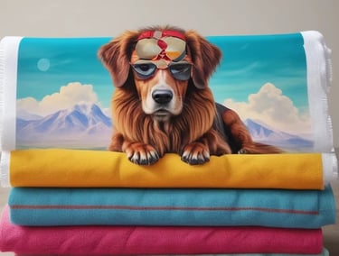 a dog is sitting on a stack of towels