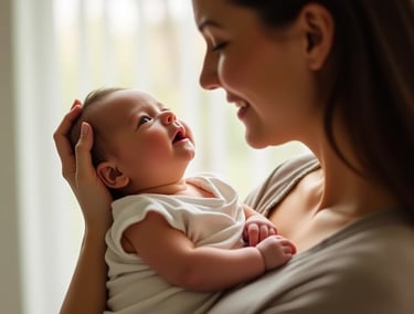 Recém-nascido no colo da mãe olhando para seu rosto com atenção e vínculo visual