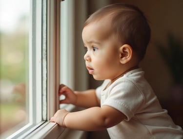 Bebê de 10 a 12 meses em pé, apoiado em uma janela de vidro, com expressão atenta e corpo inclinado
