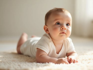 Bebê de 4 a 6 meses de bruços, erguendo o tronco com olhar curioso
