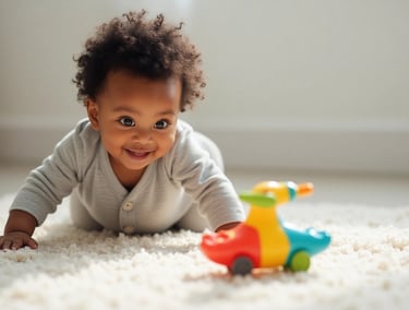 Bebê de 7 a 9 meses engatinhando e olhando para brinquedo com foco visual