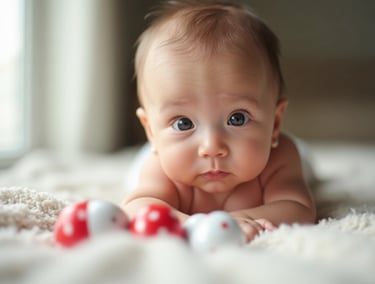 Olhar atento de bebê de 2 a 3 meses fixado em objeto próximo