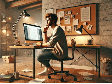 a man sitting at a desk with a computer monitor and a laptop