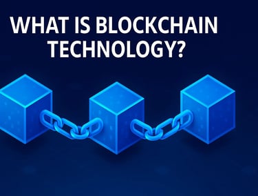 Illustration showing three glowing blue blocks connected by chains