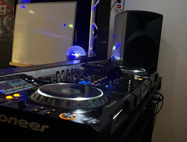 Close-up of Pioneer CDJ deck and DJM mixer for practice at Prague DJ Society.