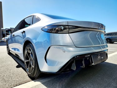 Rear view of a sleek silver BYD Seal electric sedan ceramic coated by The Coating Lab Auckland