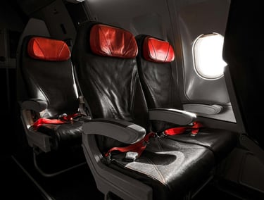 Airplane seats with red headrests