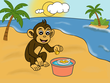 Cartoon chimp doing a buoyancy experiment with paper boat and coins
