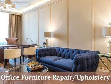 Elegant blue tufted sofa in a modern executive suite, showcasing professional office furniture upholstery.