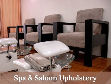 Professional spa and salon upholstery on cushioned chairs with pedicure foot baths.