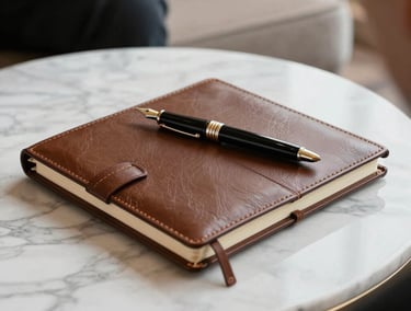 Close-up of a professional planning session in a luxury Parisian hotel suite. An elegant leather-bound notebook and a designer fountain pen rest on a marble table. European / French aesthetic, clean and sophisticated.