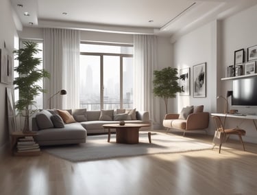 Interior workers fitting custom furniture in a residential space.