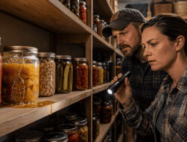 A couple uses a flashlight to inspect a cracked glass jar of canned fruit in a wooden basement pantry.