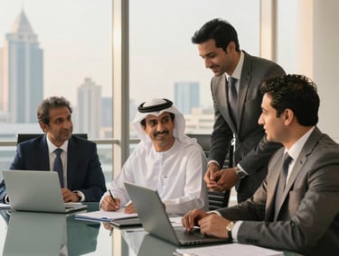 Professional Arab businessmen in a Dubai corporate meeting room discussing global trade strategies.